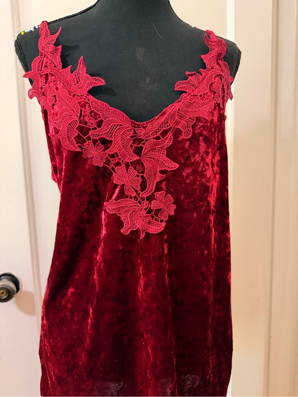 Velvet Lace-Trim Slip Dress in Deep Red